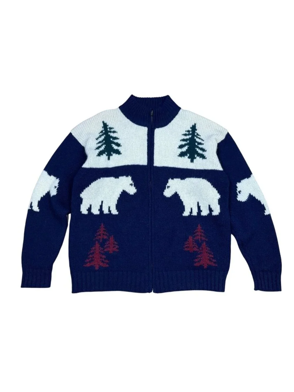 Vintage 90s Lands’ End Mens Wool Full Zip Sweater XL Nordic Bear Trees Navy Ivor